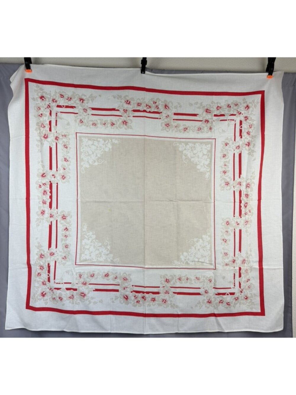 Vintage 1950s White Linen Tablecloth Floral Print Red Border 49x53 Cottage Farm